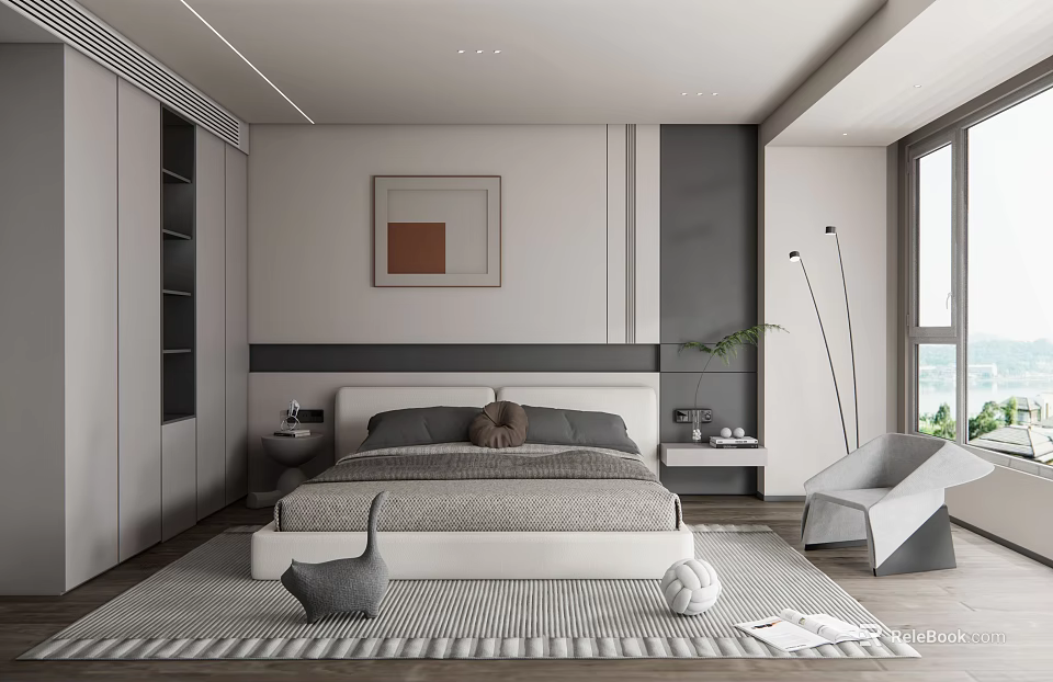 Modern Bedroom Interior Design With Large Bed Framed Artwork Nightstand Floor Lamp And Striped Rug 3d model 