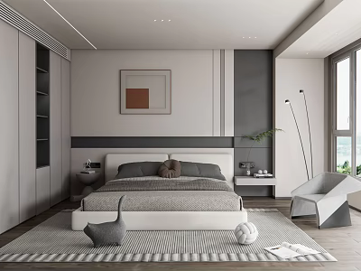 Modern Bedroom Interior Design With Large Bed Framed Artwork Nightstand Floor Lamp And Striped Rug 3d model