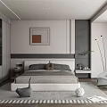 Modern Bedroom Interior Design With Large Bed Framed Artwork Nightstand Floor Lamp And Striped Rug