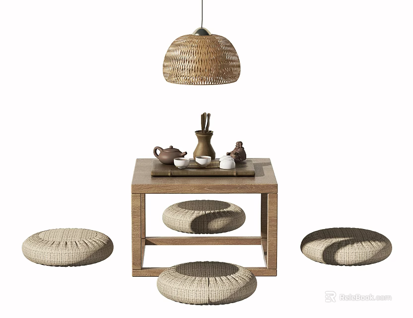 Wooden Tea Table With Woven Cushions And Tea Set Under Pendant Lamp 3d model 