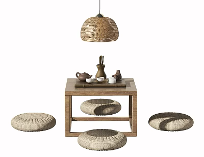 Wooden Tea Table With Woven Cushions And Tea Set Under Pendant Lamp 3d model
