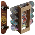 Colorful Skateboards Sports Equipment With Unique Designs Displayed On Wooden Rack
