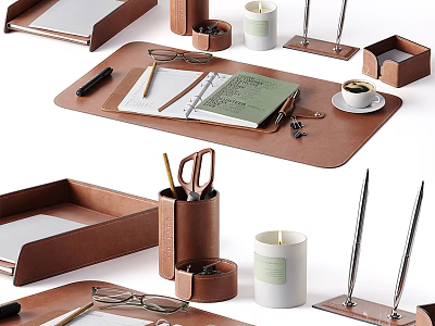 Modern Decorative Ornament Set With Leather Tray Notebook Eyeglasses Coffee Cup And Metal Stands 3d model
