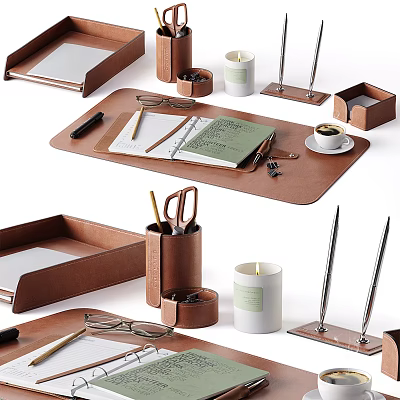 Modern Decorative Ornament Set With Leather Tray Notebook Eyeglasses Coffee Cup And Metal Stands 3d model