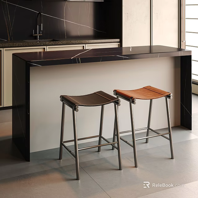 Modern Bar Stools Design With Brown Black Leather Seats And Metal Frames For Kitchen Bar 3d model 