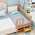 Wooden Kids Bed with Gray Polka Dot Mattress Blue Pillow and Yellow Step in Room