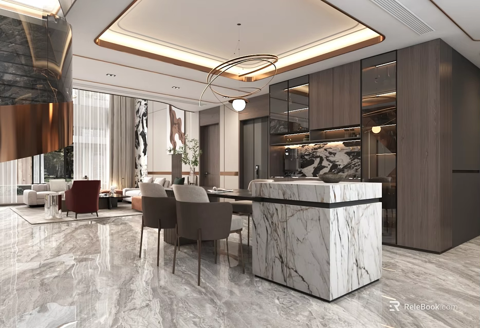 Modern Living and Dining Room Interior With Marble Counter Wooden Cabinets And Chandelier 3d model 