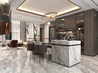 Modern Living and Dining Room Interior With Marble Counter Wooden Cabinets And Chandelier 3d model