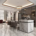 Modern Living and Dining Room Interior With Marble Counter Wooden Cabinets And Chandelier