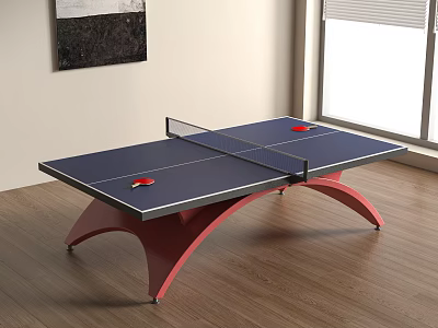 Indoor Table Tennis Table with Blue Tabletop Red Curved Legs and Ping Pong Rackets Balls 3d model