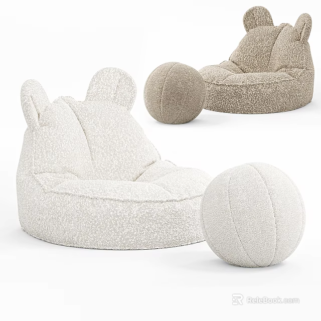 Plush Beige Single Sofa With Cute Ear Design And Round Accent Cushion 3d model 