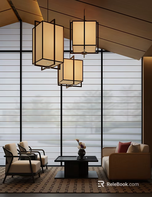 Elegant Modern Hotel Public Lounge Area With Chinese Pendant Lights Large Windows And Comfortable Seating 3d model 