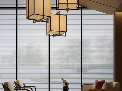 Elegant Modern Hotel Public Lounge Area With Chinese Pendant Lights Large Windows And Comfortable Seating 3d model