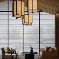 Elegant Modern Hotel Public Lounge Area With Chinese Pendant Lights Large Windows And Comfortable Seating