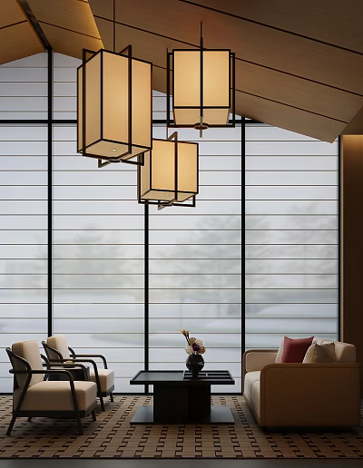 Elegant Modern Hotel Public Lounge Area With Chinese Pendant Lights Large Windows And Comfortable Seating 3d model