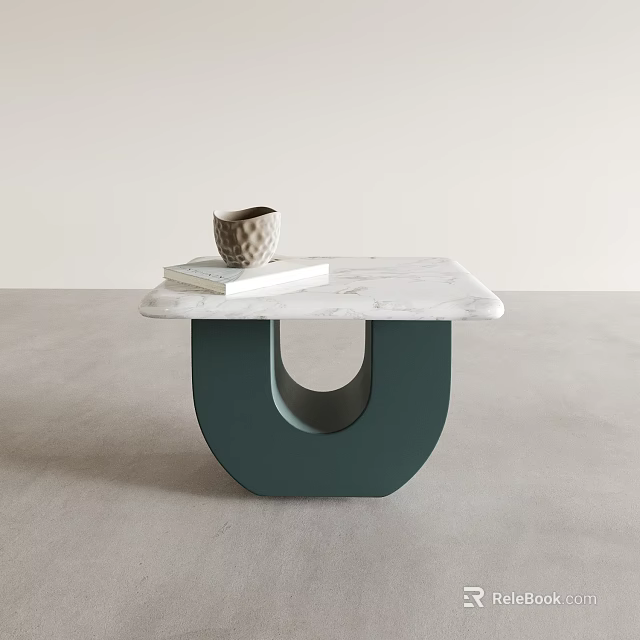 Side Table With Marble Top And Green U Shaped Base Featuring Cup And Books 3d model