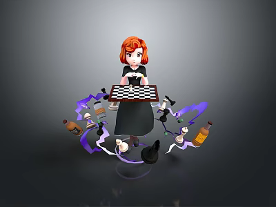 Red Haired Child Playing With Chessboard Small Animals Bottles And Purple Auras 3d model