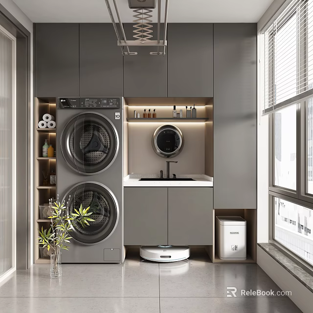 Modern Home Balcony Laundry Area With Washing Machine Dryer Sink Cabinets And Robot Vacuum 3d model 