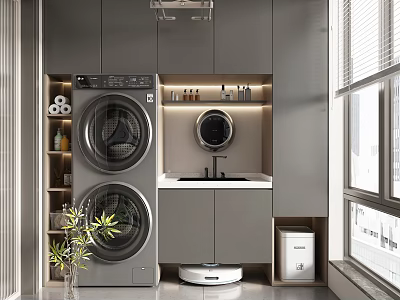 Modern Home Balcony Laundry Area With Washing Machine Dryer Sink Cabinets And Robot Vacuum 3d model