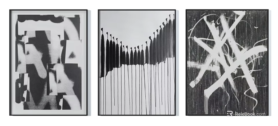 Black And White Abstract Wall Art With Dripping Lines Geometric Patterns 3d model 