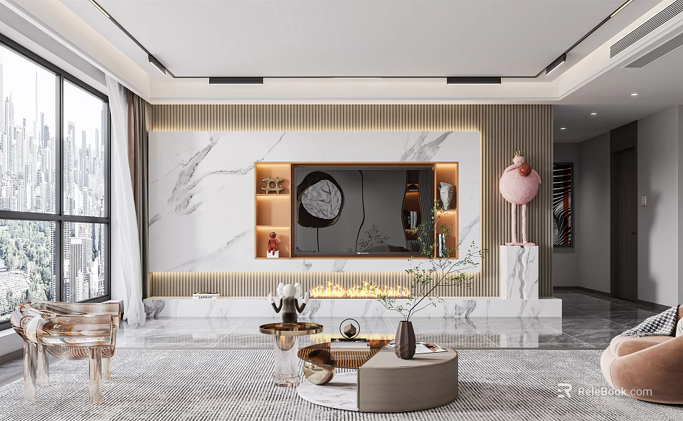 Modern Living Room Interior With Marble Accent Wall TV Coffee Table And Decor Elements 3d model