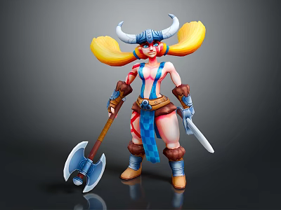 Warrior Character 3D Model With Horned Helmet Blonde Hair Blue Red Outfit Axe And Dagger 3d model