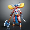 Warrior Character 3D Model With Horned Helmet Blonde Hair Blue Red Outfit Axe And Dagger
