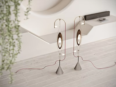 Modern Floor Lamps With Conical Base Curved Metal Frame And Circular Shade In Minimalist Interior 3d model