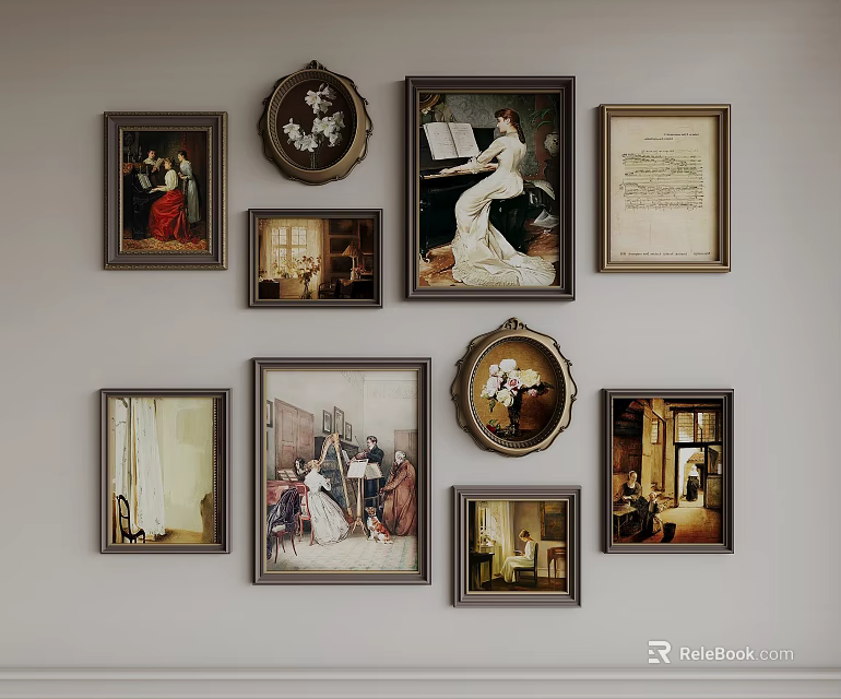 Various Framed Artworks On Wall With Different Styles And Vintage Paintings 3d model 