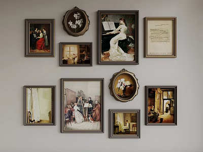 Various Framed Artworks On Wall With Different Styles And Vintage Paintings 3d model