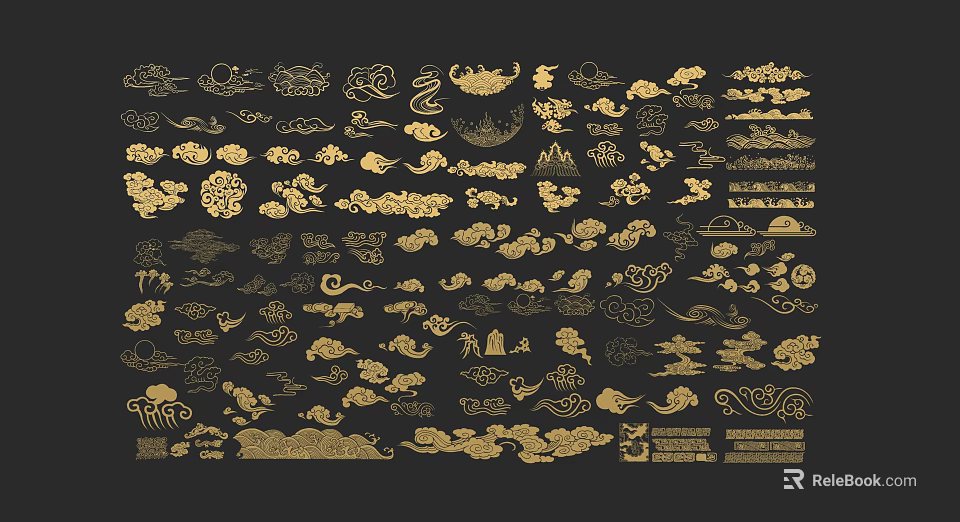 Collection of Intricate Golden Carvings With Diverse Patterns On Black Background 3d model 