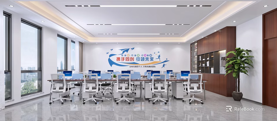 Modern Public Office Space With Office Desks Chairs Computers Large Windows Bookshelves And Wall Decor 3d model 