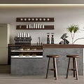 Modern Style Bar Counter With Coffee Machines Wooden Shelves Cups And Green Plants Stools
