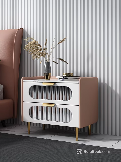 Pink And White Bedside Table With Two Drawers Gold Handles And Vase With Dried Grass 3d model 