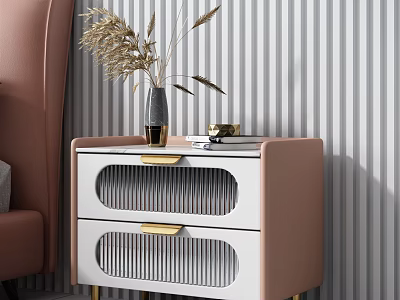 Pink And White Bedside Table With Two Drawers Gold Handles And Vase With Dried Grass 3d model
