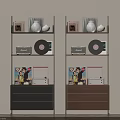 Modern Storage Shelves With Black And Wooden Drawers Holding Decorative Items Records And Boxes