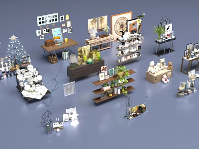 Stylish Plate Decoration Display With Shelves Green Plants Photo Frames And Small Ornaments 3d model