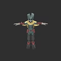 Armored Game Movie Character With Green Yellow Outfit And Outstretched Arms