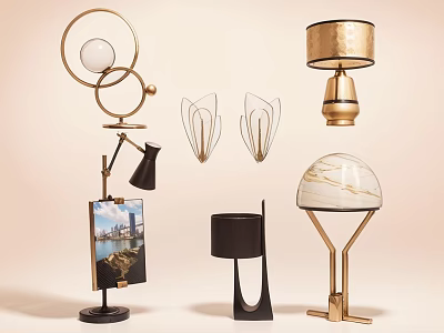 Modern Stylish Table Lamps With Circular Spherical Y Shaped Bases Gold Black Marble 3d model
