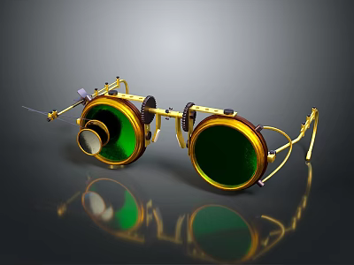 Steampunk Style Eyeglasses With Green Lenses Golden Metal Frames And Gear Mechanical Details 3d model