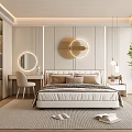 Modern Bedroom Interior with Upholstered Headboard Round Decorative Wall Art Dressing Table and Potted Plant