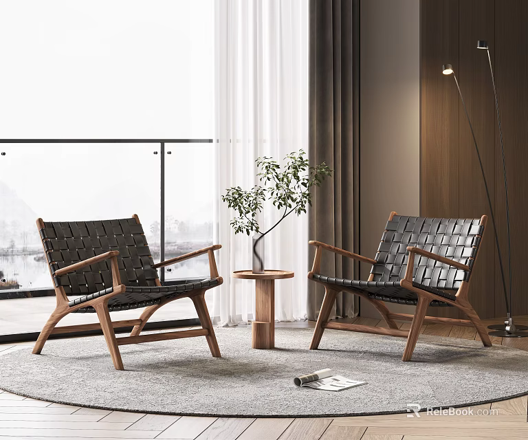Black Leather Armchairs With Wooden Frame And Small Round Wooden Table On Rug By Window 3d model 