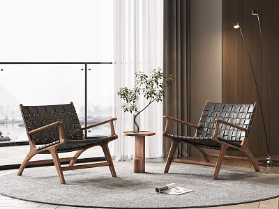 Black Leather Armchairs With Wooden Frame And Small Round Wooden Table On Rug By Window 3d model