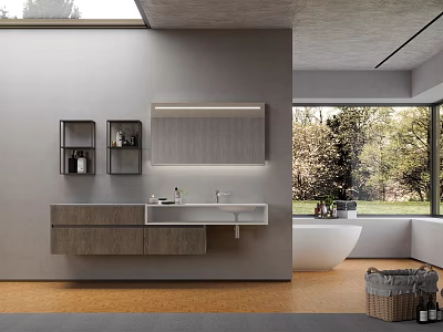 Modern Bathroom Washbasin with Backlit Mirror Wall Mounted Cabinets and Bathtub 3d model