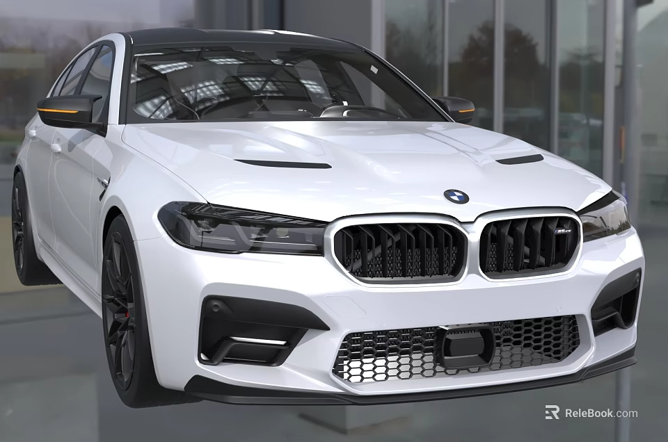 White BMW M5 Sport Sedan Front Design Featuring Sporty Grille Headlights And Vents In Showroom 3d model 