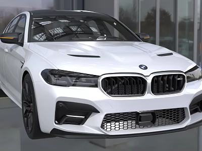 White BMW M5 Sport Sedan Front Design Featuring Sporty Grille Headlights And Vents In Showroom 3d model