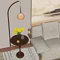 Stylish Floor Lamp with Yellow Flowers on Small Table Near Patterned Sofa and Pillows
