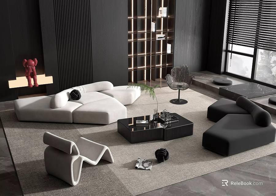Modern Sectional Sofa Coffee Table Set With White Fabric And Black Wood Design 3d model 