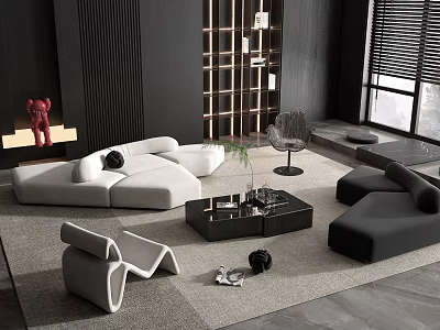 Modern Sectional Sofa Coffee Table Set With White Fabric And Black Wood Design 3d model