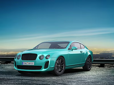 Turquoise Bentley Coupe Against Night Cityscape Background 3d model